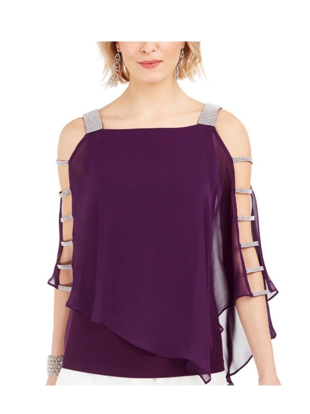 DIAMOND Embellished Cold-Shoulder Chiffon Sleeve Top in Luxe Purple XL NWT